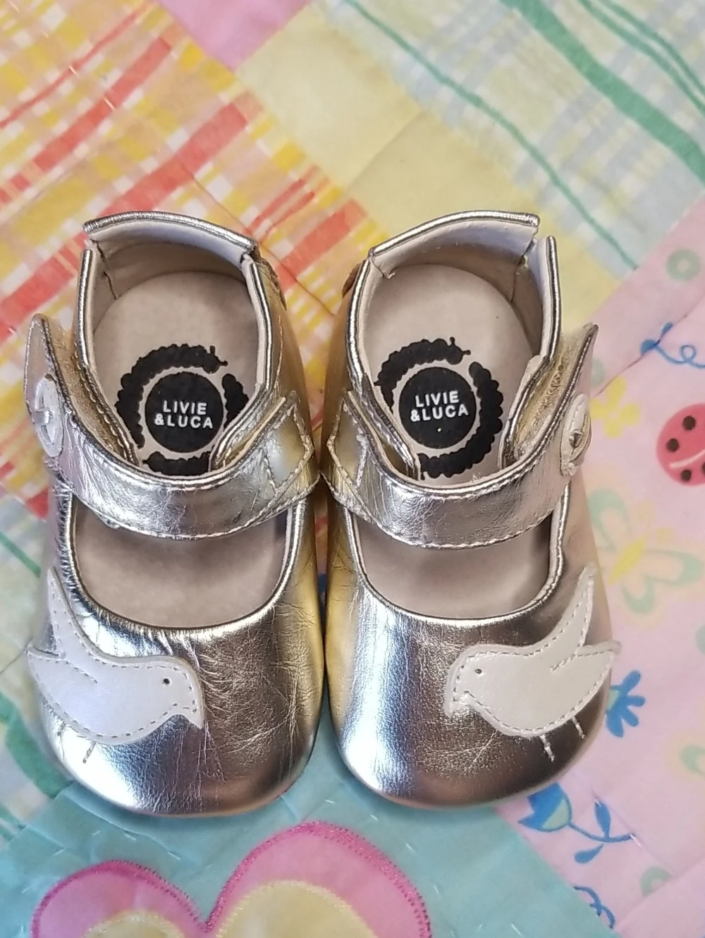 Livie & Luca Metallic Leather Mary Janes with White Leather Bird 0-6 Month Pio